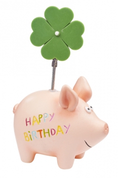 Schweinchen mit Kleeblattclip "Happy Birthday" 11x6,5cm