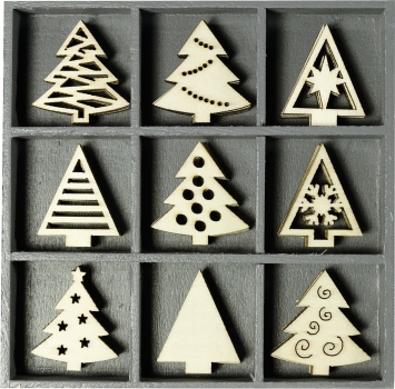 Holzornamentbox „Weihnachtsbäume“ natur 105×105mm 30mm