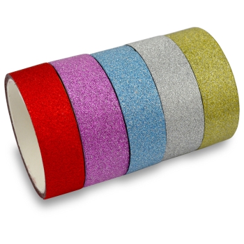 Glitter Washi-Tapes Set/5; 1,5cm x 3m/ Rolle rot,silber,gold,blau,pink