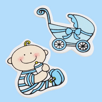 Holzstreuteile Baby + Wagen blau