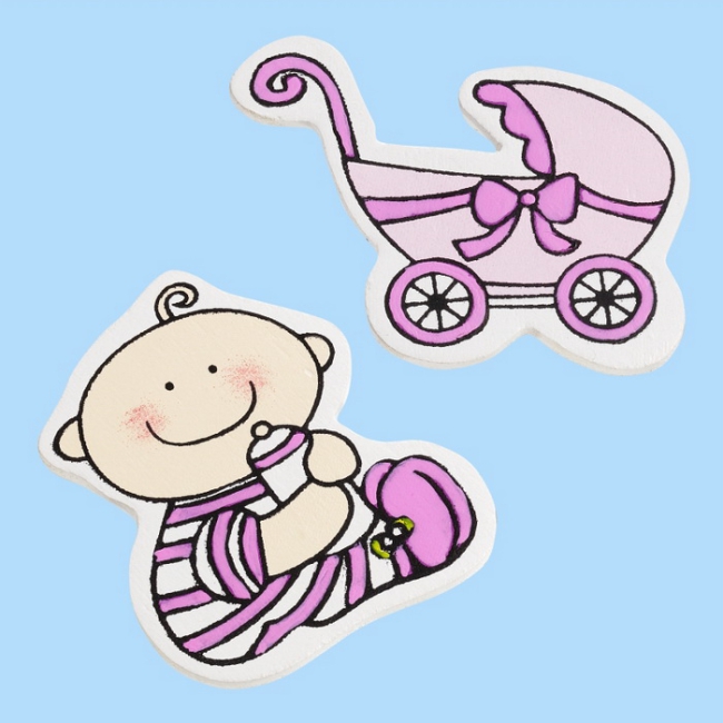 Holzstreuteile Baby + Wagen rosa